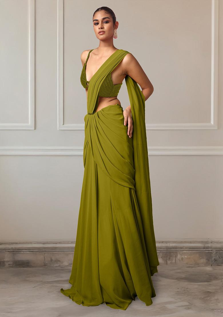 Green Pre-Stitched Saree Set With Hand Embroidered Blouse