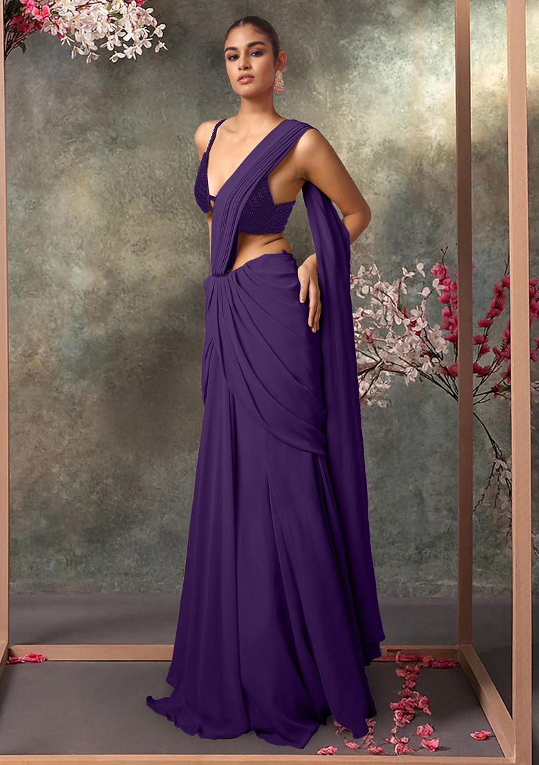 Purple Pre-Stitched Saree Set With Hand Embroidered Blouse