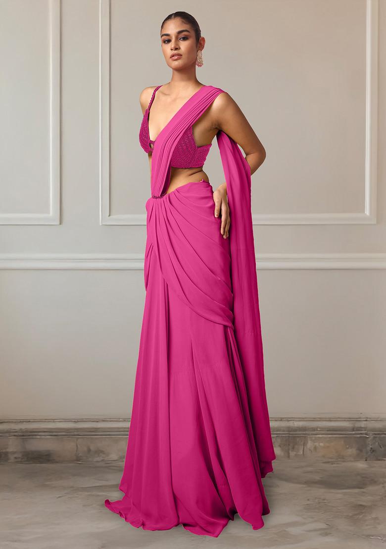 Pink Pre-Stitched Saree Set With Hand Embroidered Blouse