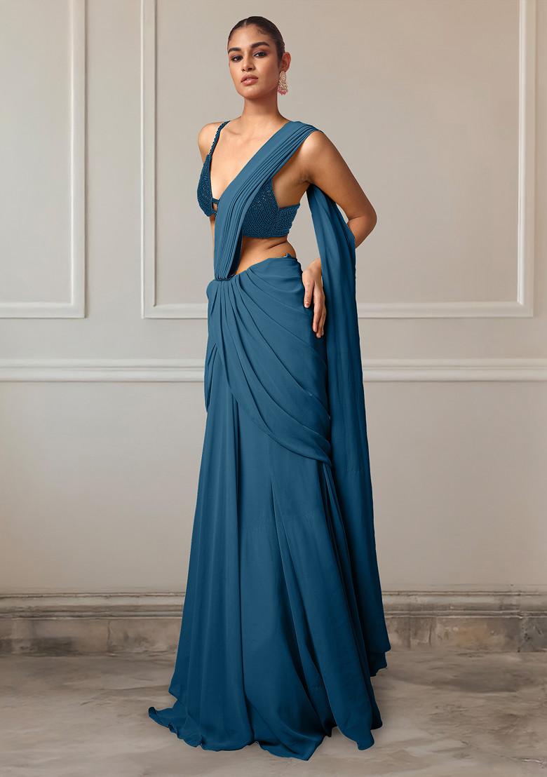 Blue Pre-Stitched Saree Set With Hand Embroidered Blouse