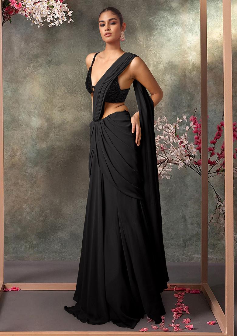 Black Pre-Stitched Saree Set With Hand Embroidered Blouse