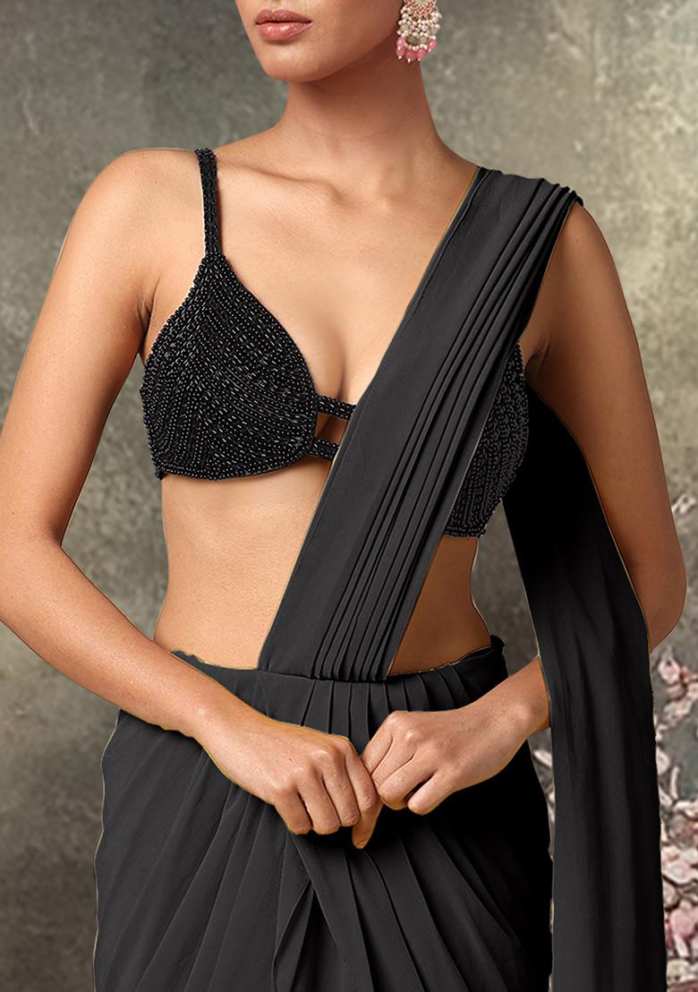 Black Pre-Stitched Saree Set With Hand Embroidered Blouse