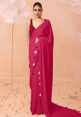 Pink Pre-Stitched Saree Set With Hand Embroidered Blouse