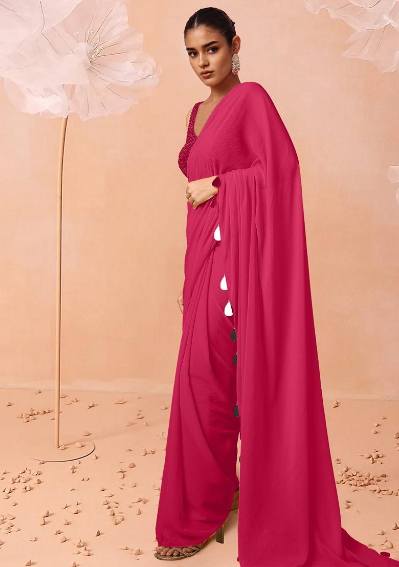 Pink Pre-Stitched Saree Set With Hand Embroidered Blouse