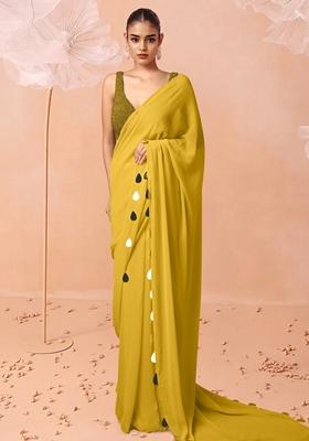 Yellow Pre-Stitched Saree Set With Hand Embroidered Blouse