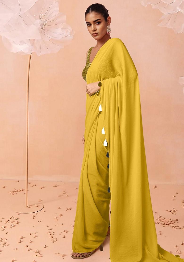 Yellow Pre-Stitched Saree Set With Hand Embroidered Blouse