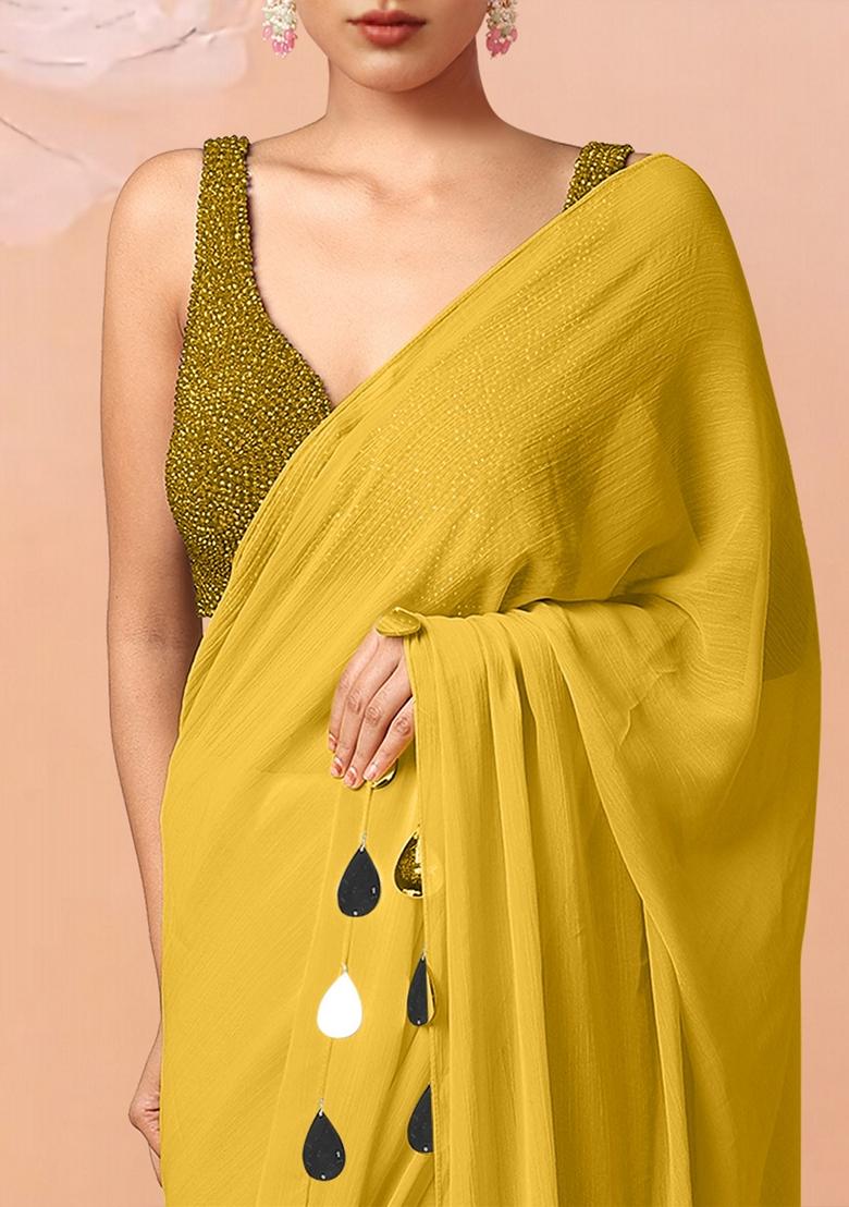 Yellow Pre-Stitched Saree Set With Hand Embroidered Blouse