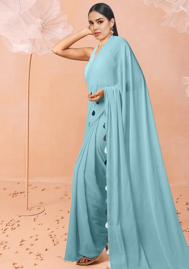 Blue Pre-Stitched Saree Set With Hand Embroidered Blouse