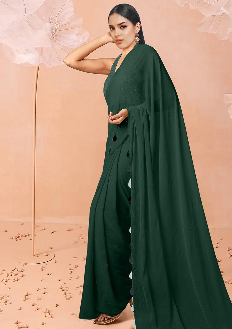 Green Pre-Stitched Saree Set With Hand Embroidered Blouse