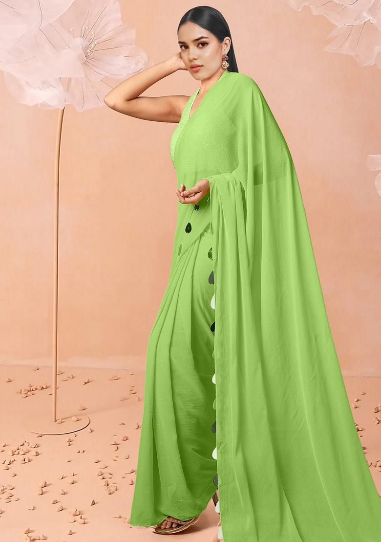 Green Pre-Stitched Saree Set With Hand Embroidered Blouse