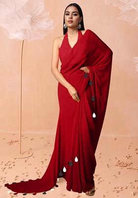 Red Pre-Stitched Saree Set With Hand Embroidered Blouse