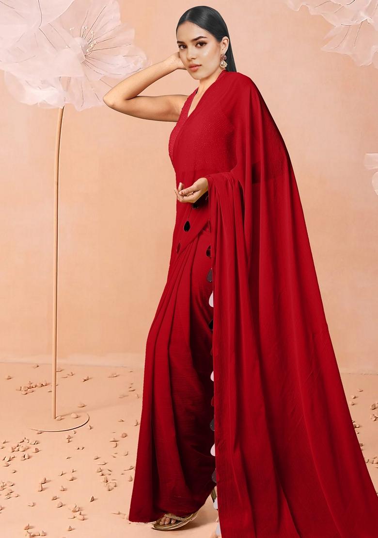 Red Pre-Stitched Saree Set With Hand Embroidered Blouse