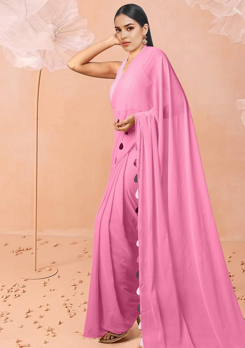 Pink Pre-Stitched Saree Set With Hand Embroidered Blouse