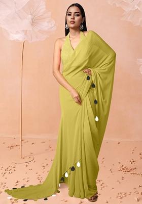 Yellow Pre-Stitched Saree Set With Hand Embroidered Blouse