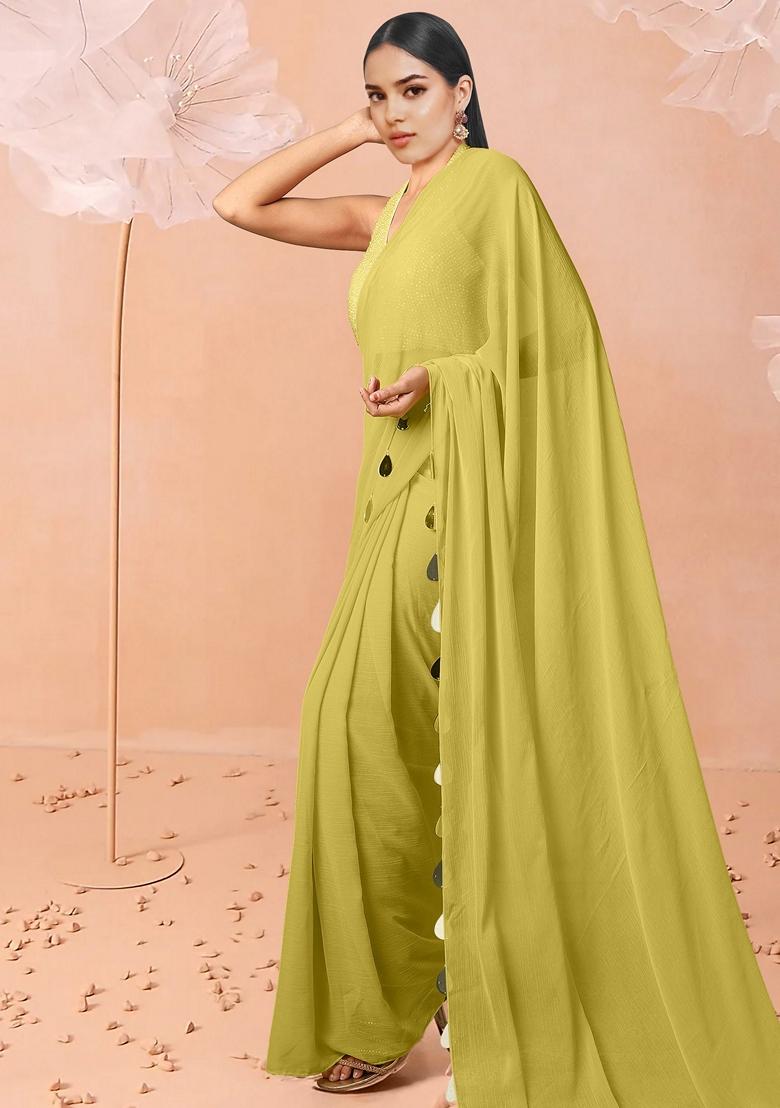 Yellow Pre-Stitched Saree Set With Hand Embroidered Blouse