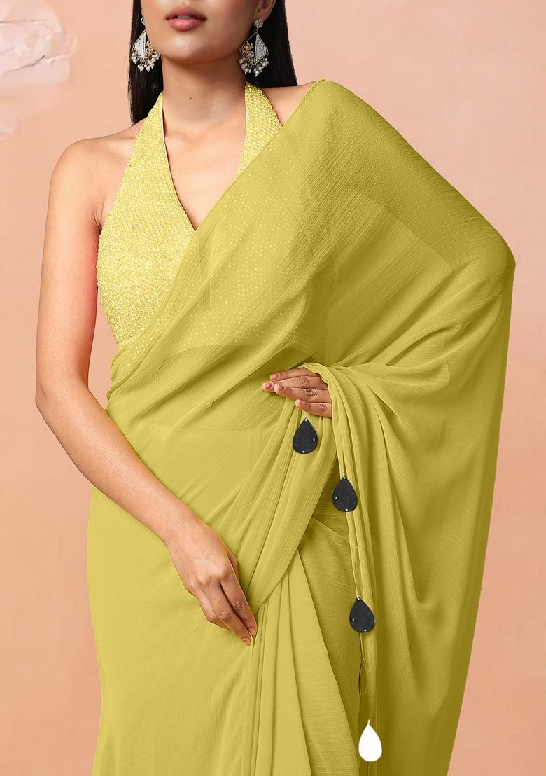 Yellow Pre-Stitched Saree Set With Hand Embroidered Blouse