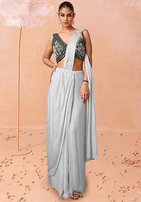 White Pre-Stitched Saree Set With Hand Embroidered Blouse