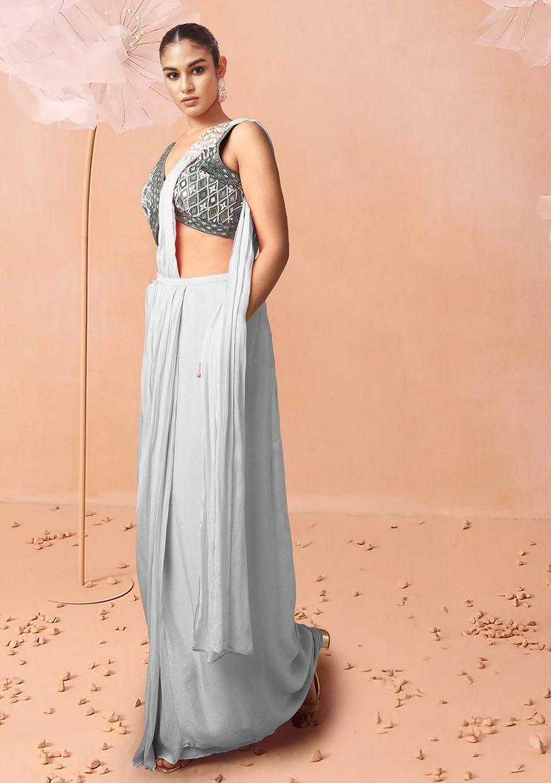 White Pre-Stitched Saree Set With Hand Embroidered Blouse