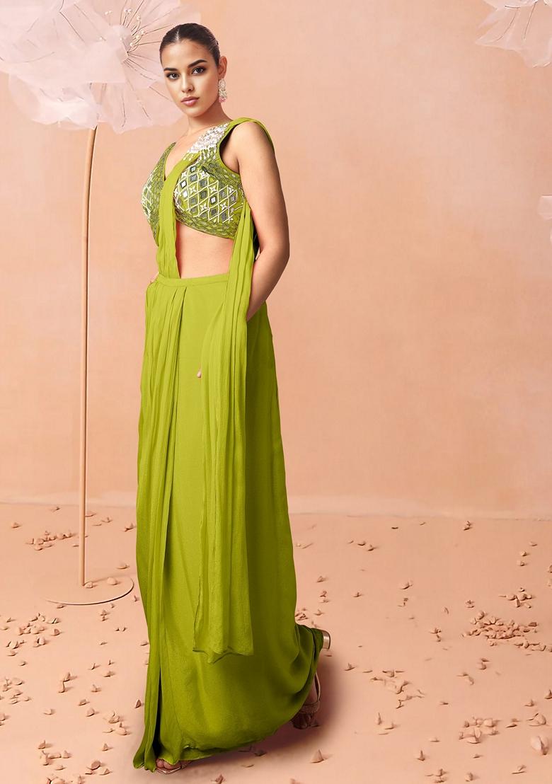 Green Pre-Stitched Saree Set With Hand Embroidered Blouse