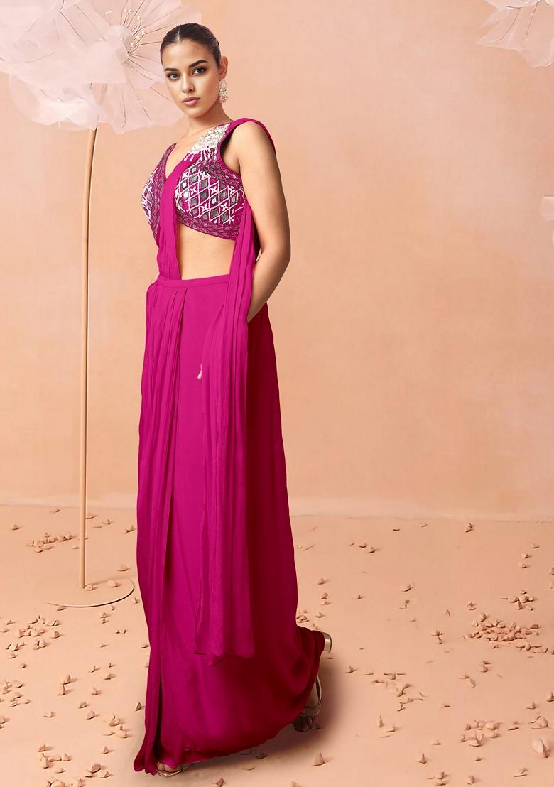 Pink Pre-Stitched Saree Set With Hand Embroidered Blouse