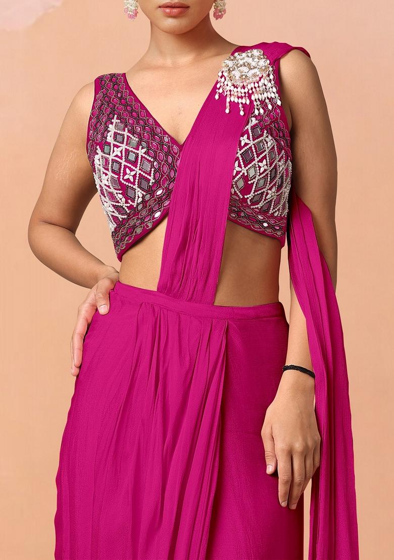 Pink Pre-Stitched Saree Set With Hand Embroidered Blouse