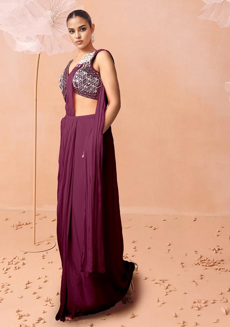 Purple Pre-Stitched Saree Set With Hand Embroidered Blouse