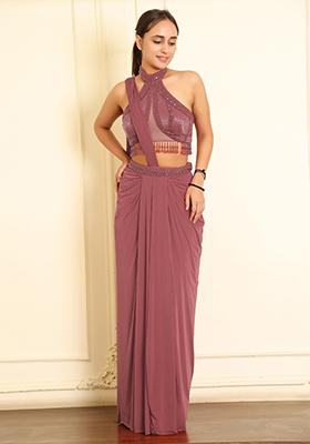 Pink Pre-Stitched Saree Set With Hand Emoridered Blouse