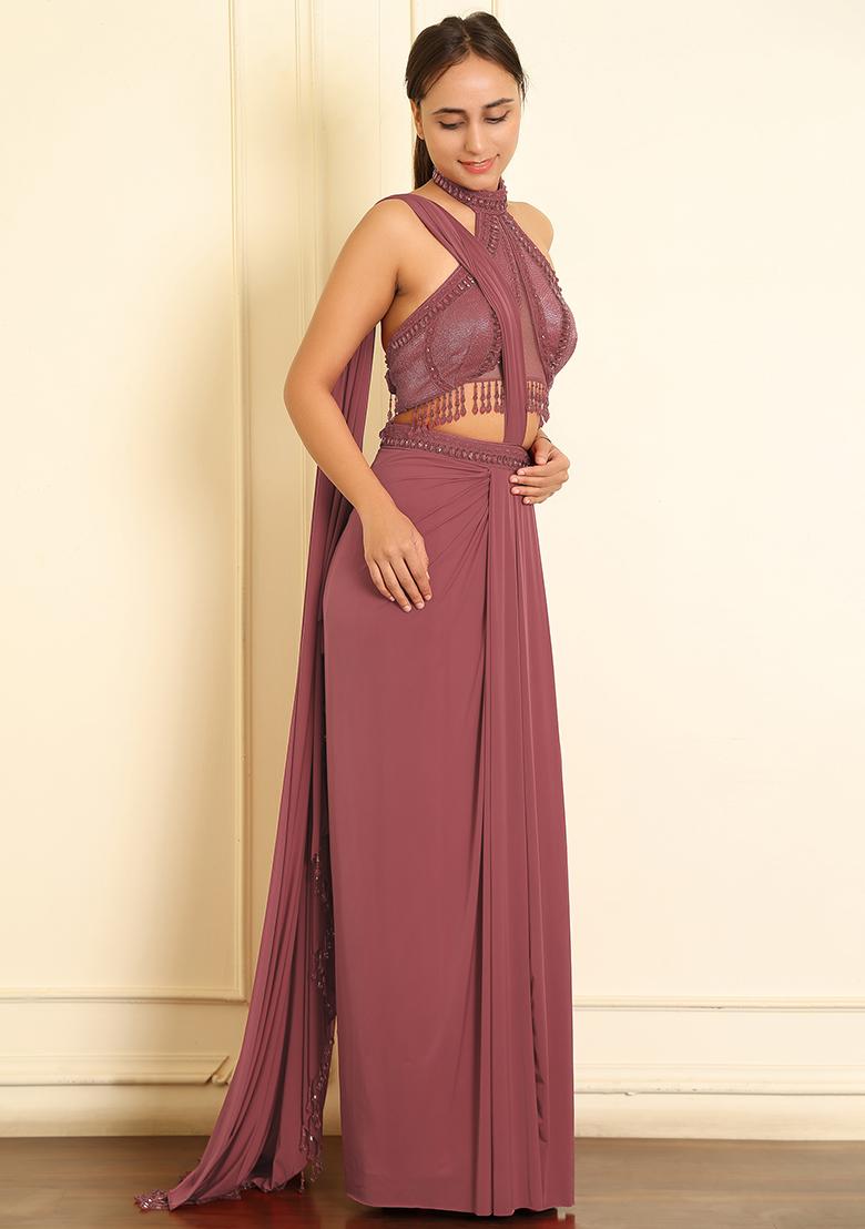 Pink Pre-Stitched Saree Set With Hand Emoridered Blouse