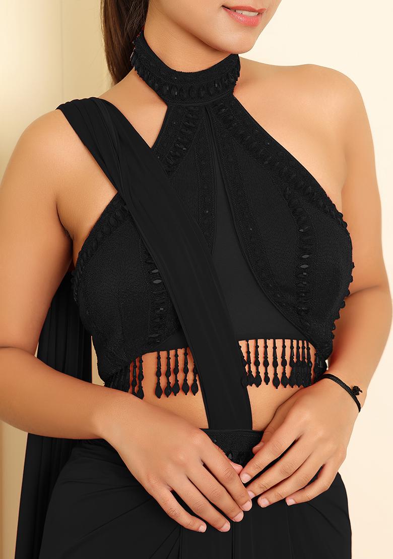 Black Pre-Stitched Saree Set With Hand Emoridered Blouse