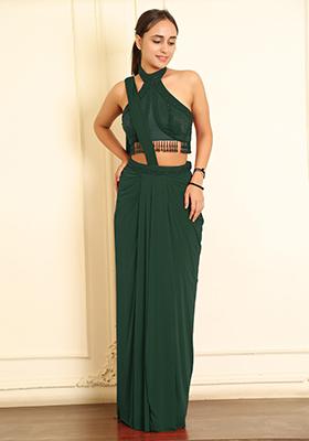 Green Pre-Stitched Saree Set With Hand Emoridered Blouse