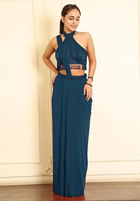 Blue Pre-Stitched Saree Set With Hand Emoridered Blouse