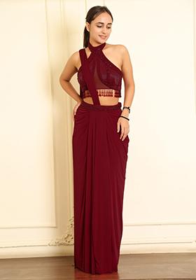 Maroon Pre-Stitched Saree Set With Hand Emoridered Blouse