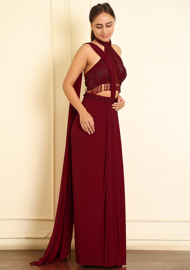 Maroon Pre-Stitched Saree Set With Hand Emoridered Blouse