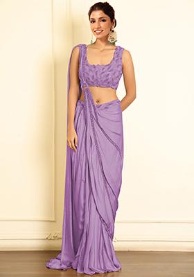 Purple Pre-Stitched Saree Set With Hand Emoridered Blouse