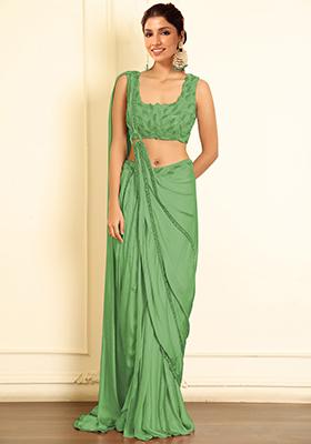 Green Pre-Stitched Saree Set With Hand Emoridered Blouse