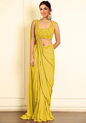 Yellow Pre-Stitched Saree Set With Hand Emoridered Blouse