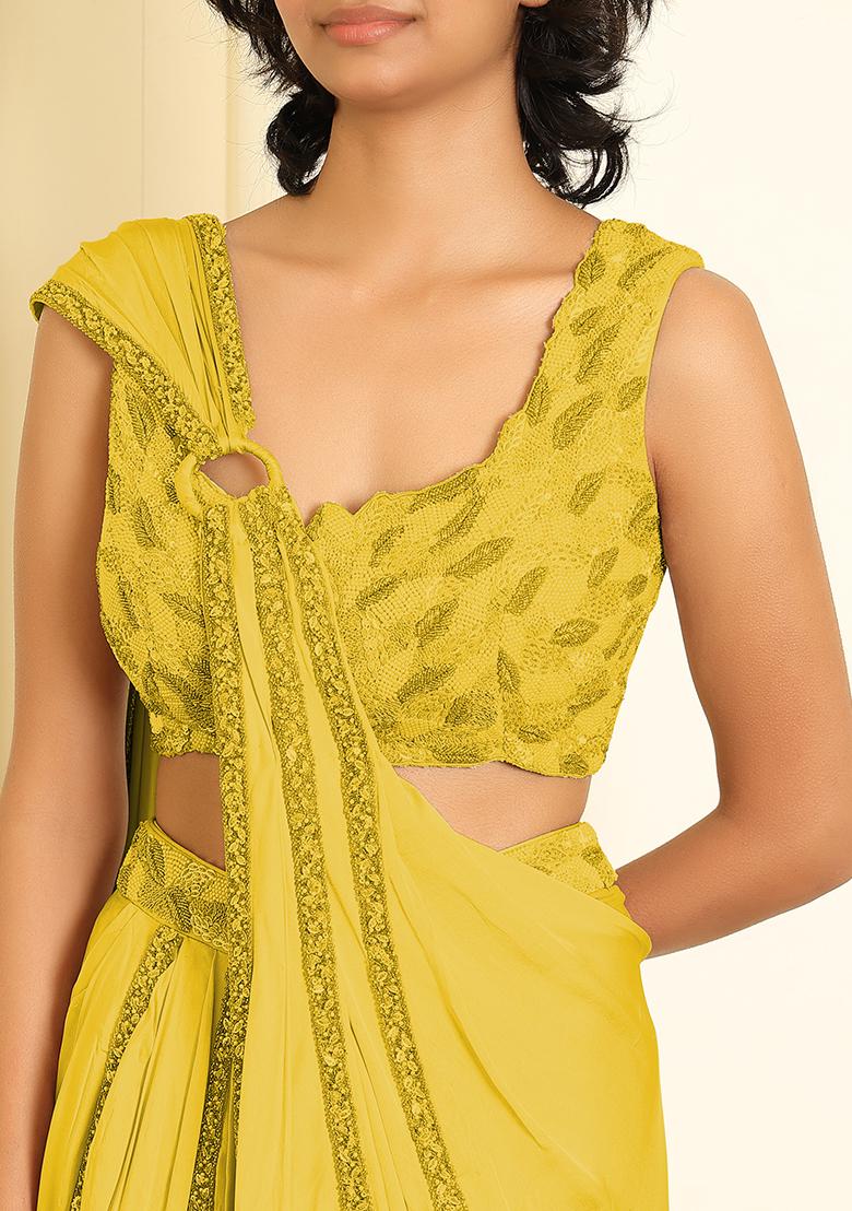 Yellow Pre-Stitched Saree Set With Hand Emoridered Blouse