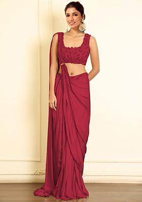 Red Pre-Stitched Saree Set With Hand Emoridered Blouse