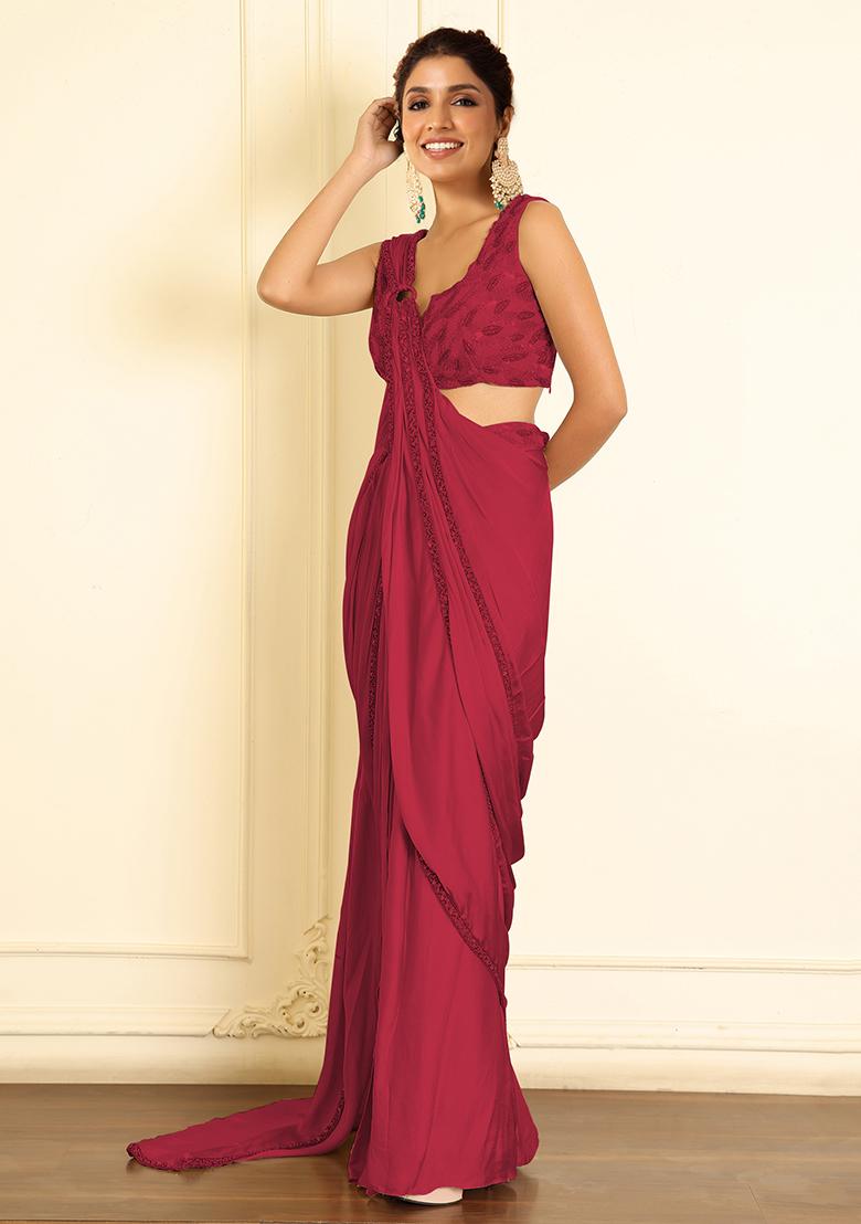 Red Pre-Stitched Saree Set With Hand Emoridered Blouse