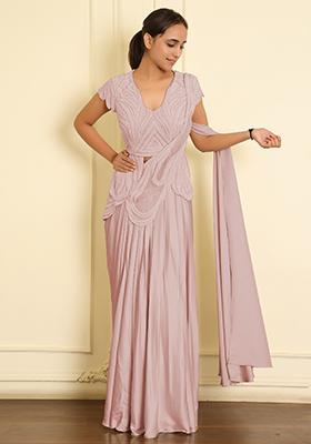 Pink Pre-Stitched Saree Set With Hand Emoridered Blouse