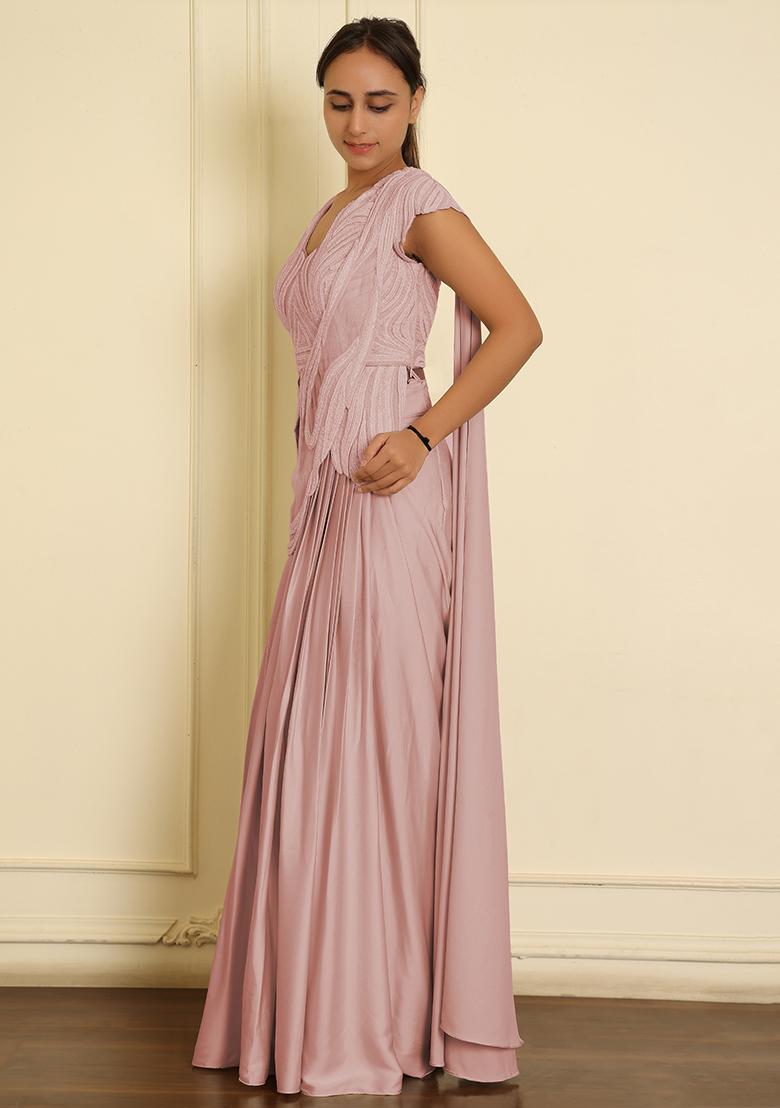 Pink Pre-Stitched Saree Set With Hand Emoridered Blouse