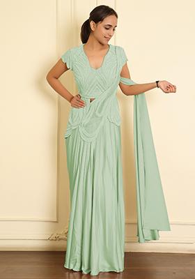 Green Pre-Stitched Saree Set With Hand Emoridered Blouse