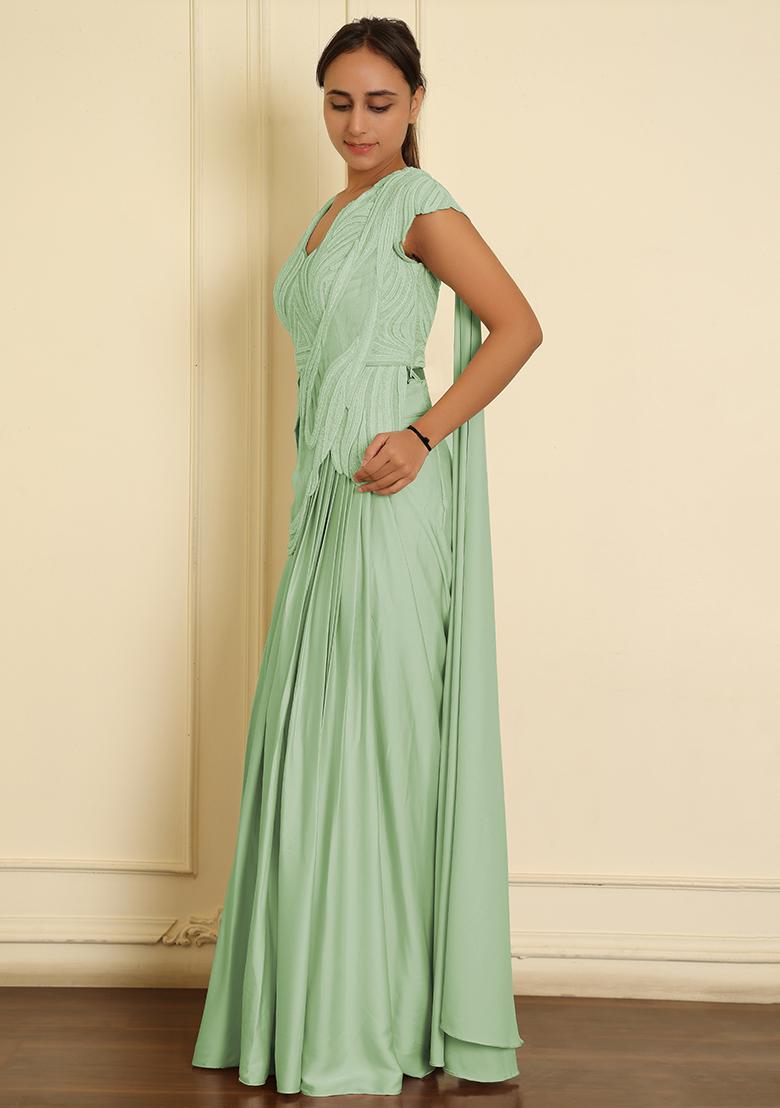 Green Pre-Stitched Saree Set With Hand Emoridered Blouse