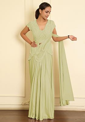 Yellow Pre-Stitched Saree Set With Hand Emoridered Blouse