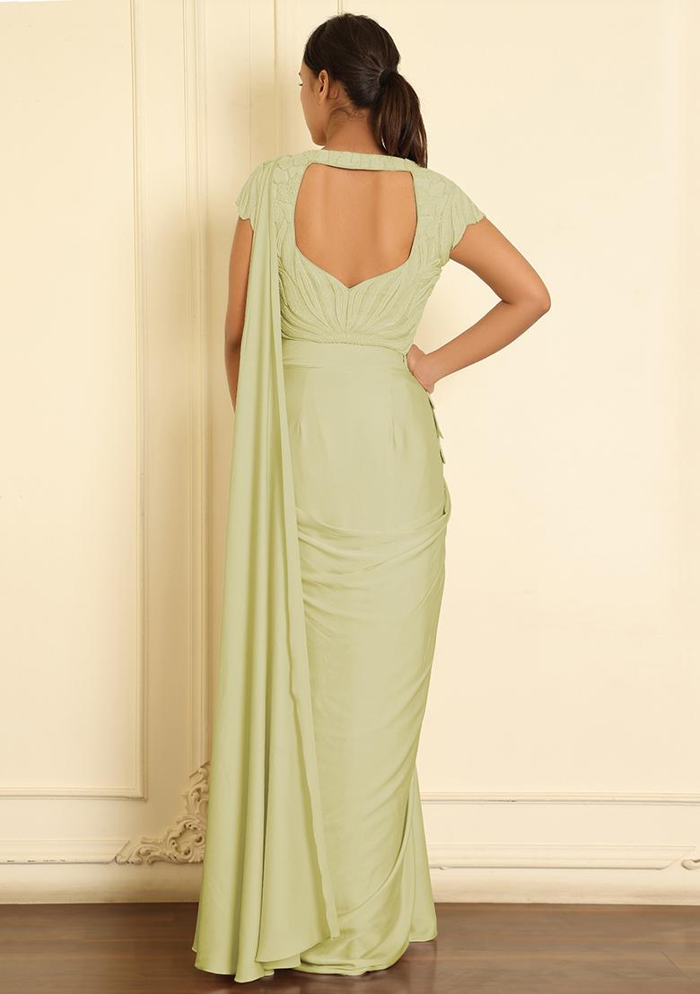 Yellow Pre-Stitched Saree Set With Hand Emoridered Blouse