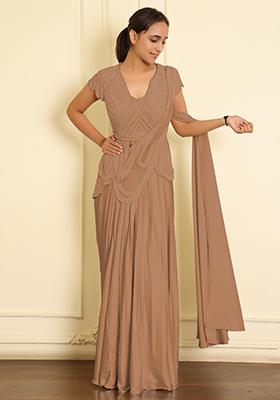 Beige Pre-Stitched Saree Set With Hand Emoridered Blouse