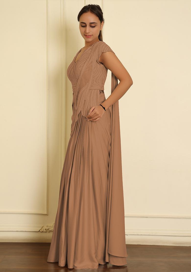 Beige Pre-Stitched Saree Set With Hand Emoridered Blouse