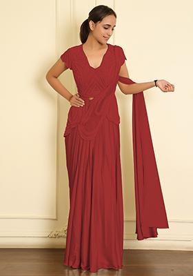 Red Pre-Stitched Saree Set With Hand Emoridered Blouse