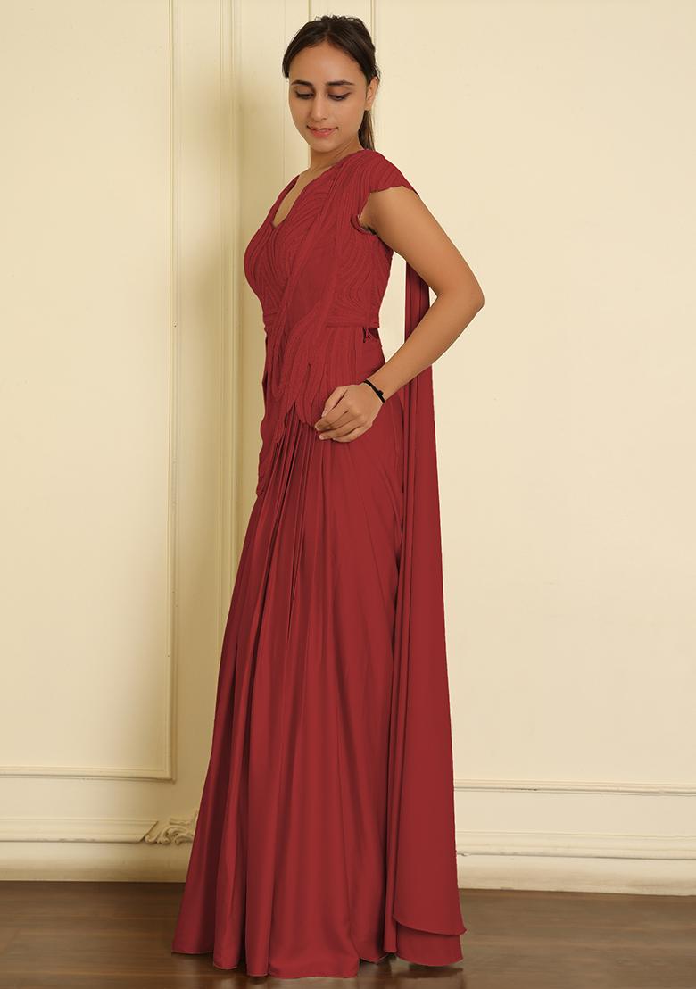 Red Pre-Stitched Saree Set With Hand Emoridered Blouse