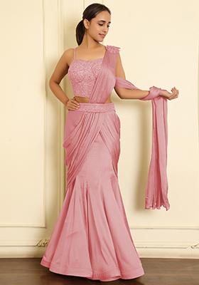 Pink Pre-Stitched Saree Set With Hand Emoridered Blouse